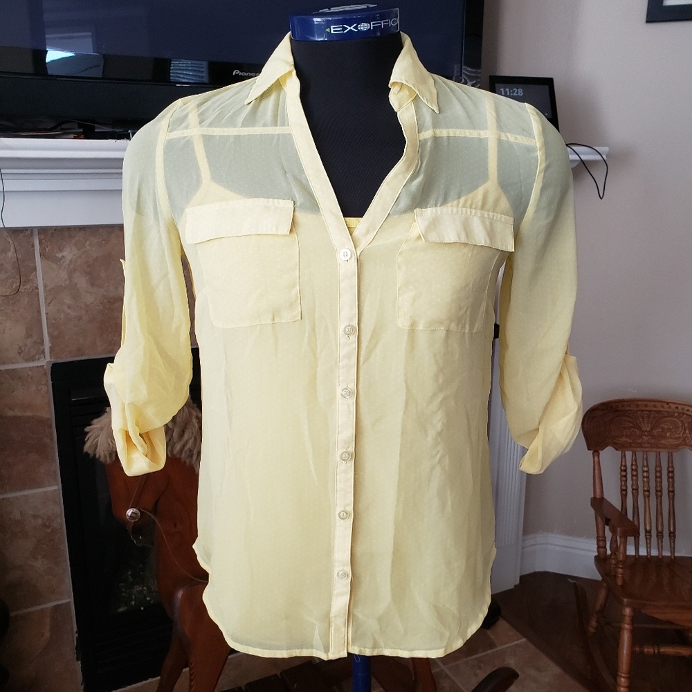 Yellow with white polka dot button up top